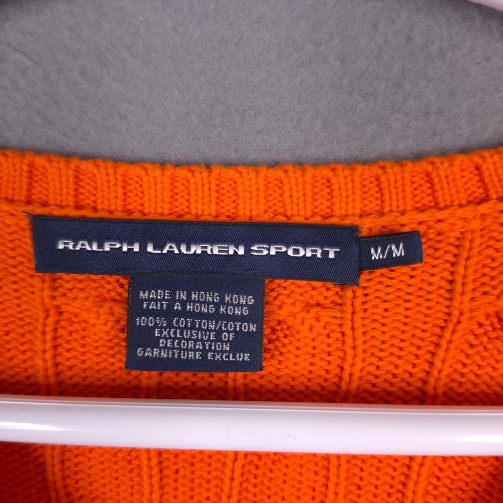 Ralph Lauren Sport Sweater V-Neck Cable Knit Orange Medium Cotton Preppy Classic - Picture 2 of 11